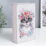 Шкатулка книга-сейф «Серая кошечка в цветочном венке», дерево, искусственная кожа, 21×13×5 см